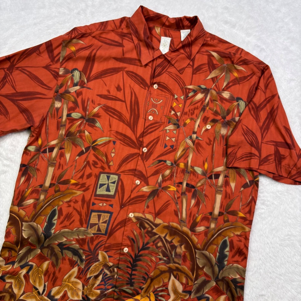 VTG Burma Bibas Hawaiian Shirt Men L Burnt Orange SILK Tropic Bamboo Loop Collar